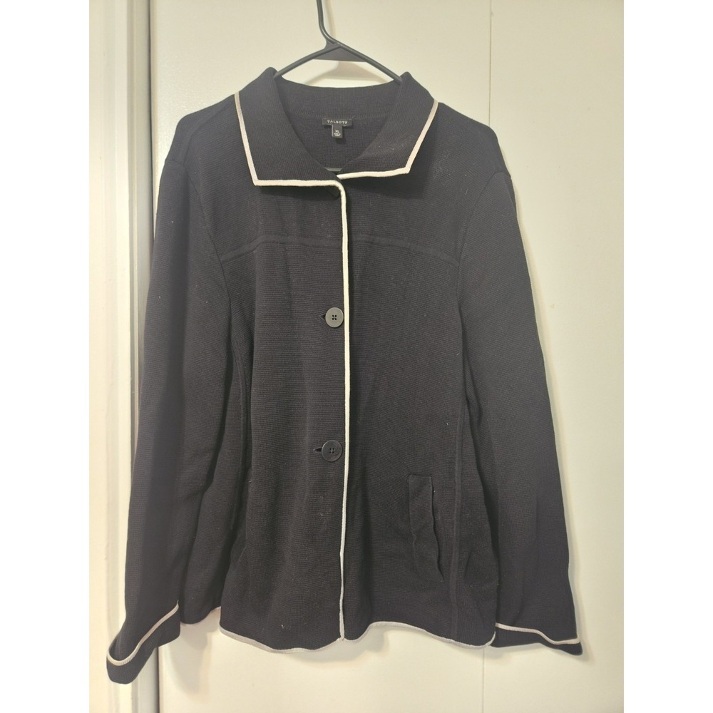 Talbots Black Knit Sweater Jacket Distinctive Ivory Piping. EUC Size XL